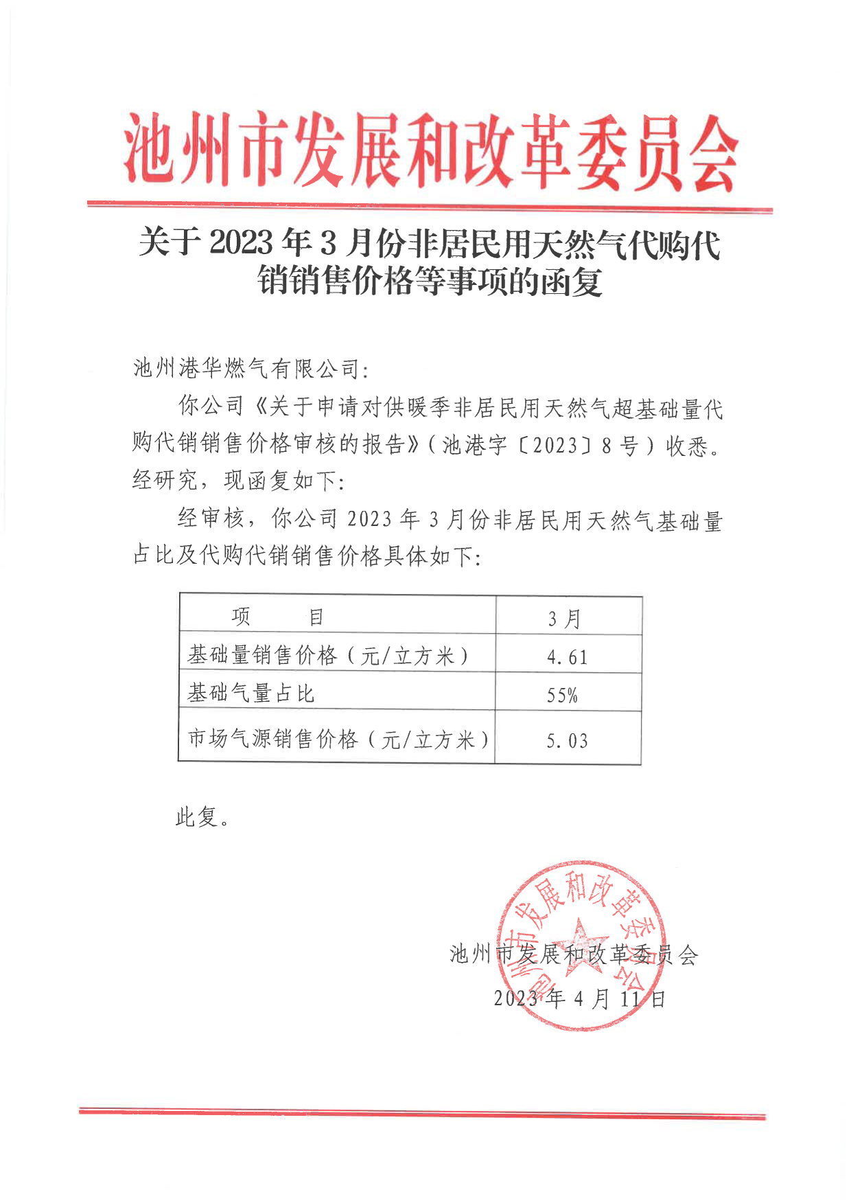 關(guān)于2023年3月份非居民用天然氣代購代銷銷售價(jià)格等事項(xiàng)的函復(fù)